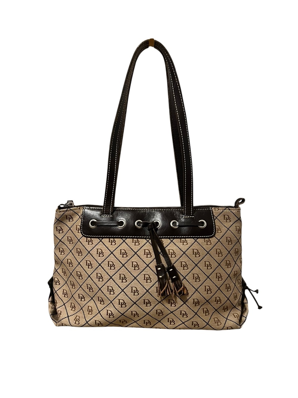 Vintage Dooney & Bourke Beige/Chocolate Jacquard Canvas Signature Should Tote